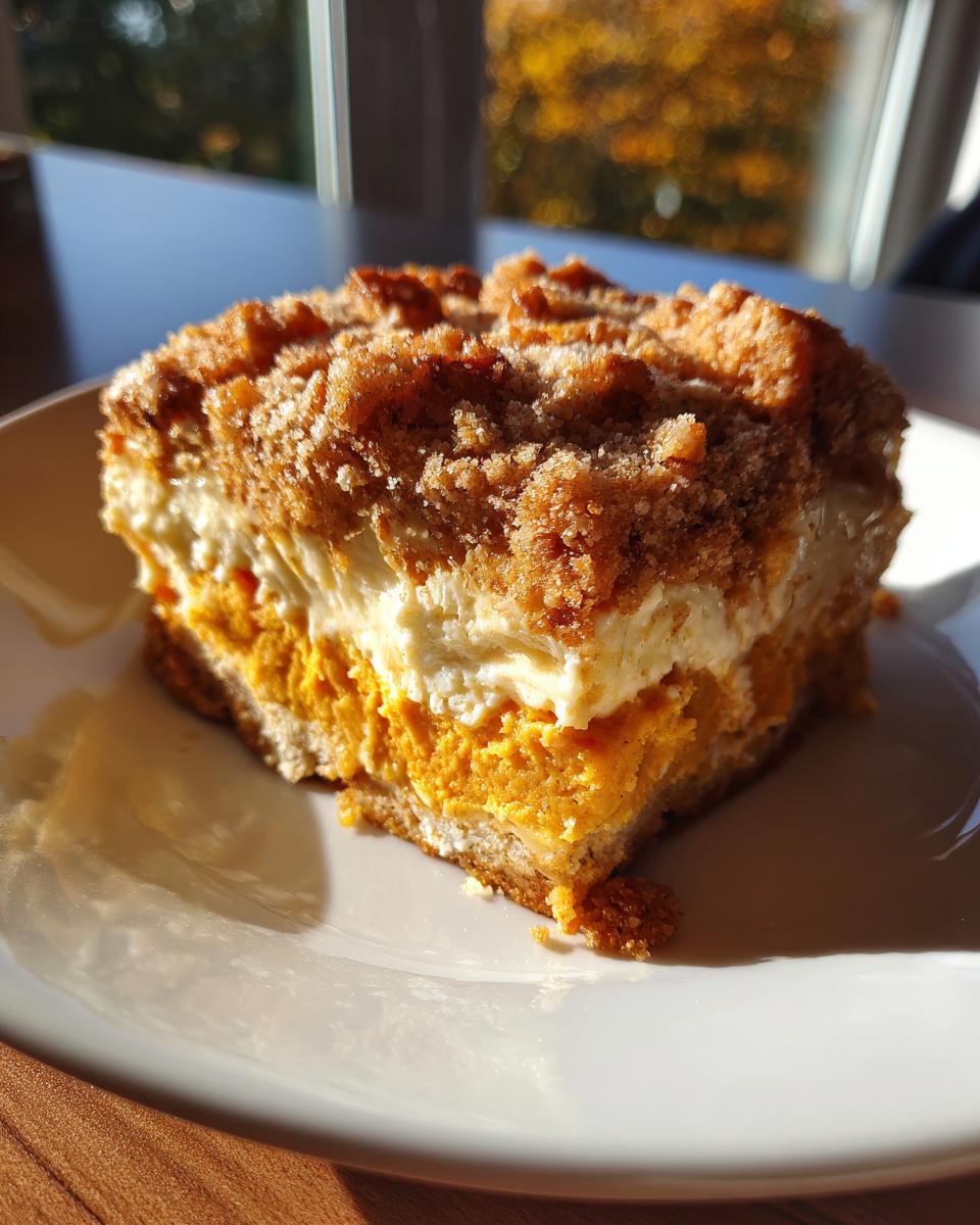 A close-up of a layered slice of pumpkin crunch dessert with a crumb topping on a white plate.