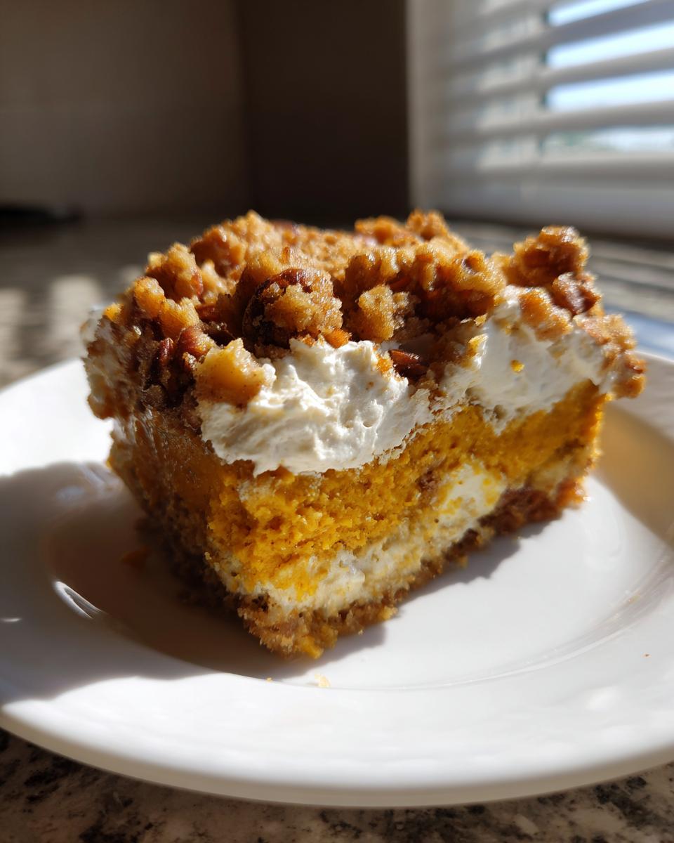 A close-up slice of layered pumpkin crunch dessert with a creamy topping and crunchy pecan topping.