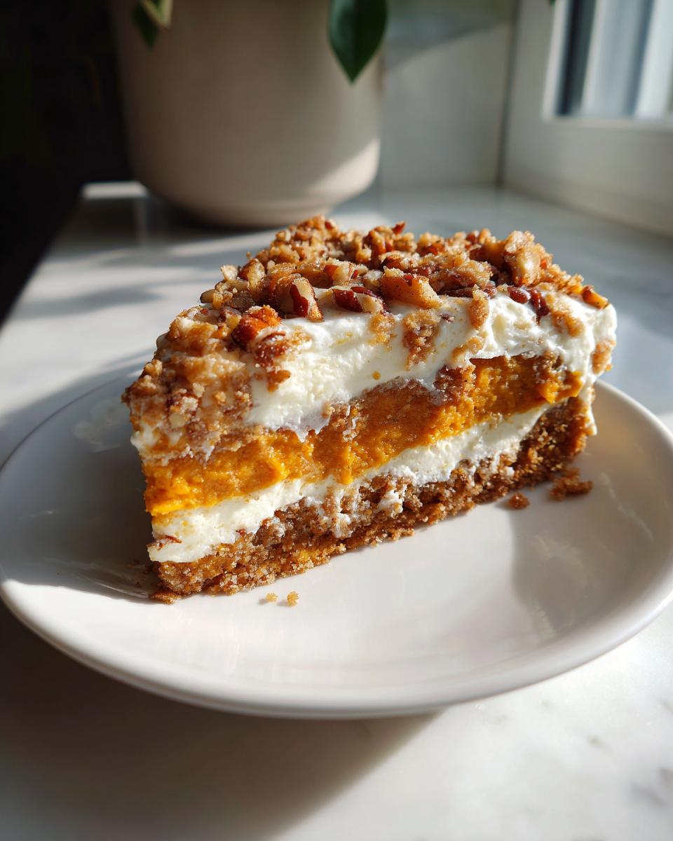 A layered slice of pumpkin crunch dessert with a crust, pumpkin filling, cream layer, and pecan topping on a white plate.