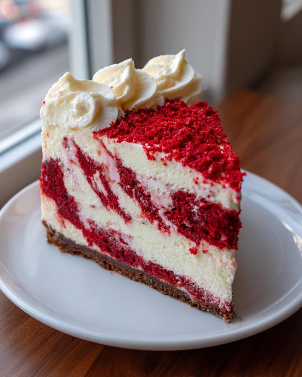 A decadent slice of red velvet cheesecake featuring red swirls in the white filling, topped with red crumbs and cream cheese frosting dollops.