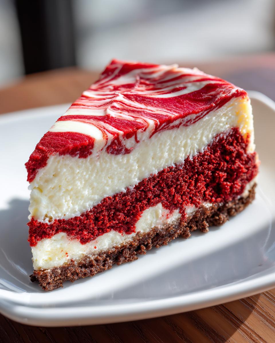 A perfect slice of red velvet cheesecake featuring layers of red cake, white cream cheese filling, and a red and white marbled top.