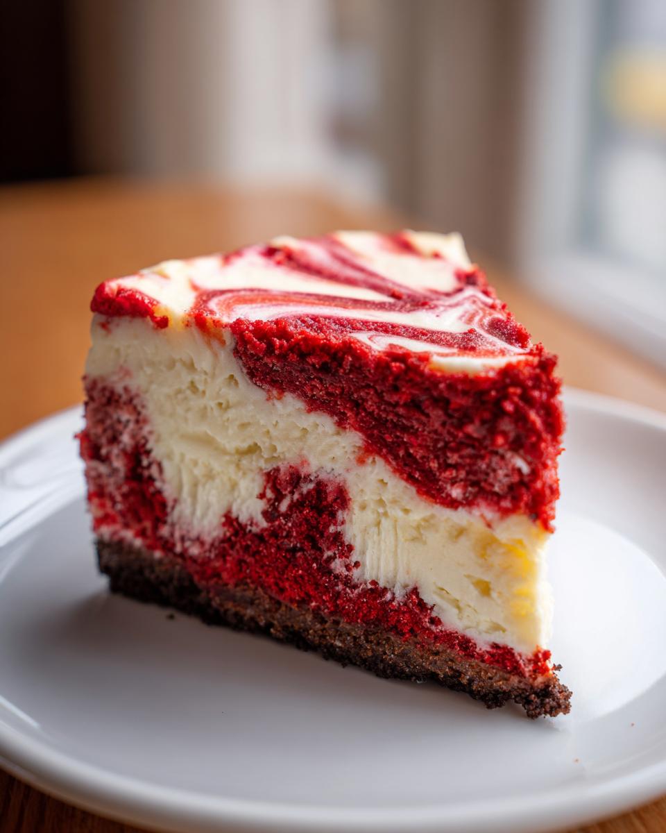 Close-up of a rich slice of red velvet cheesecake featuring red cake layers swirled with white cream cheese filling.