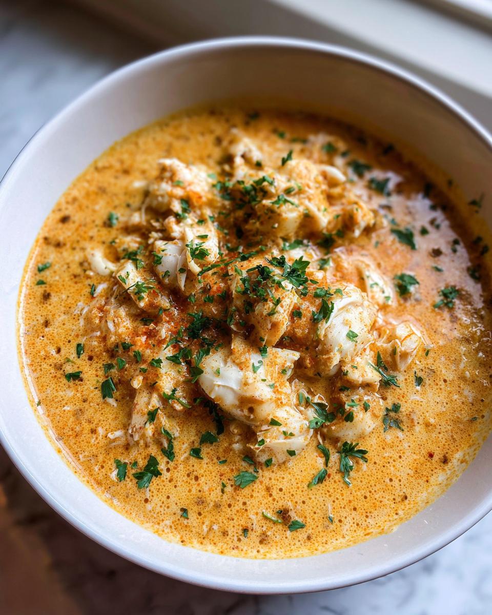 Close-up of a rich, creamy, orange-hued bowl of crab soup generously topped with large chunks of white crab meat and fresh parsley.
