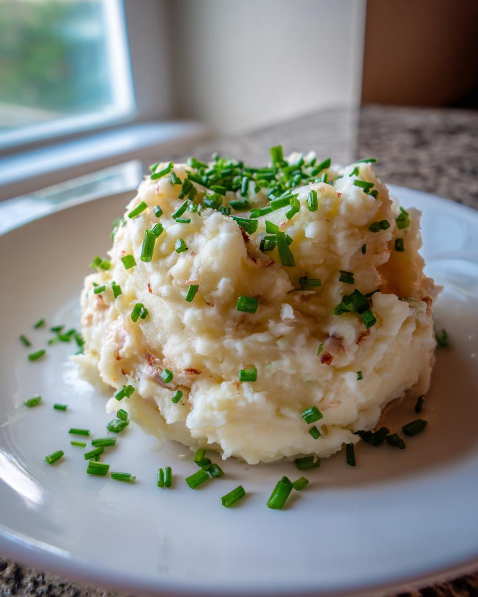 A mound of creamy roasted garlic mashed potatoes topped generously with fresh green chives on a white plate.