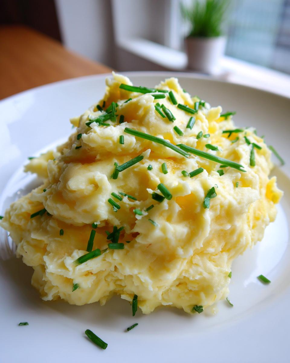 A generous serving of creamy roasted garlic mashed potatoes topped with fresh green chives on a white plate.