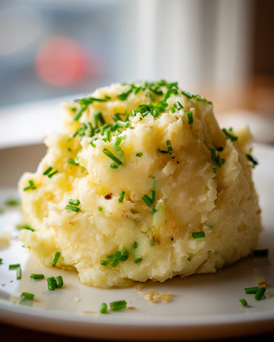 A mound of creamy roasted garlic mashed potatoes topped generously with fresh, chopped green chives.