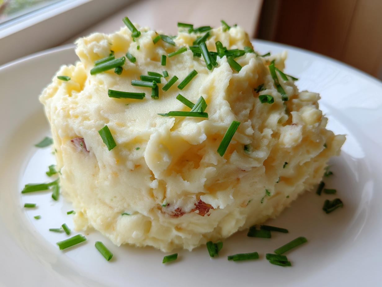 A mound of creamy roasted garlic mashed potatoes topped generously with freshly chopped green chives.