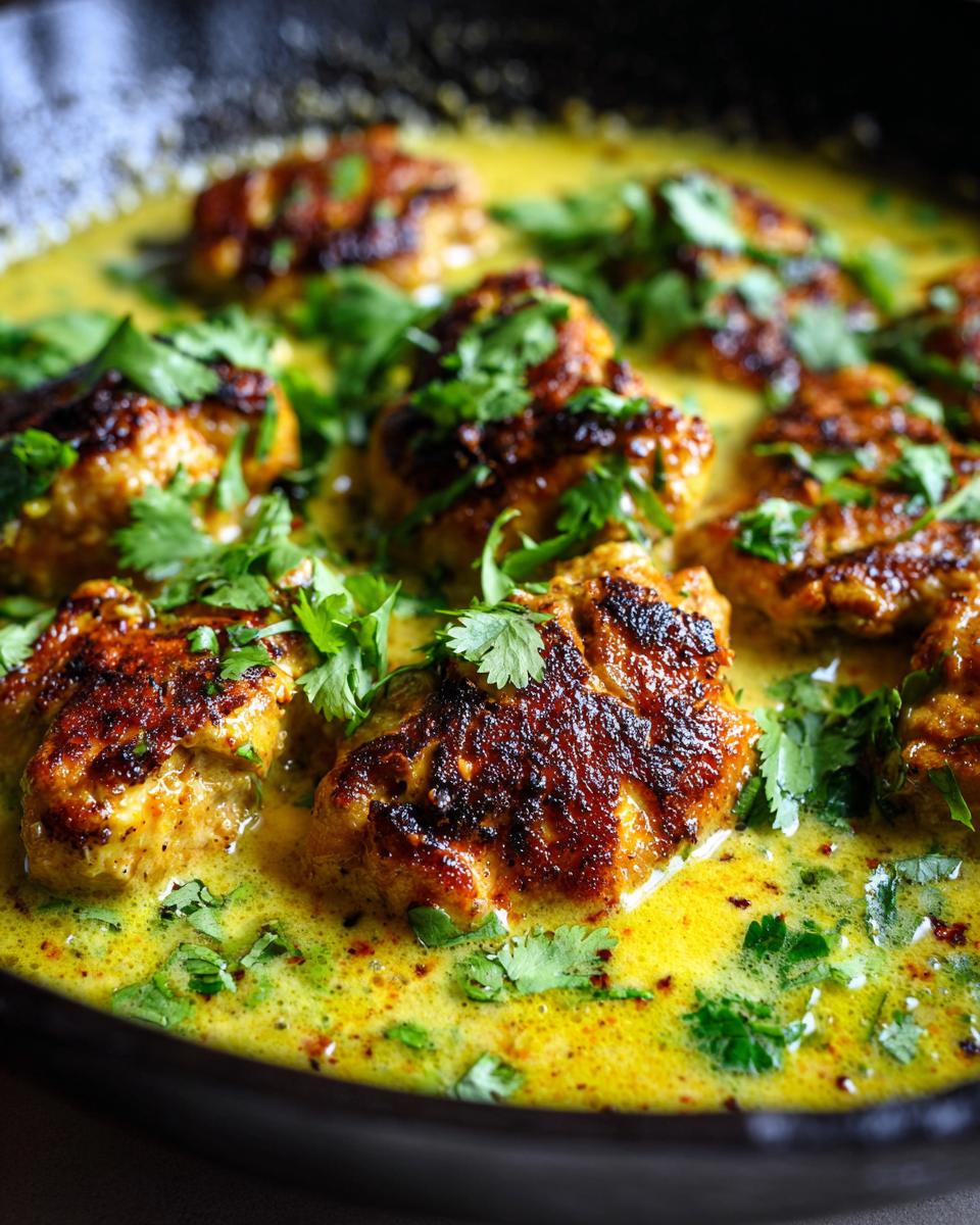Close-up of seared coconut lime chicken pieces simmering in a rich, yellow coconut lime sauce and garnished with fresh cilantro.