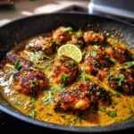 Close-up of seared coconut lime chicken pieces simmering in a rich, yellow coconut lime sauce, garnished with cilantro and a lime wedge.