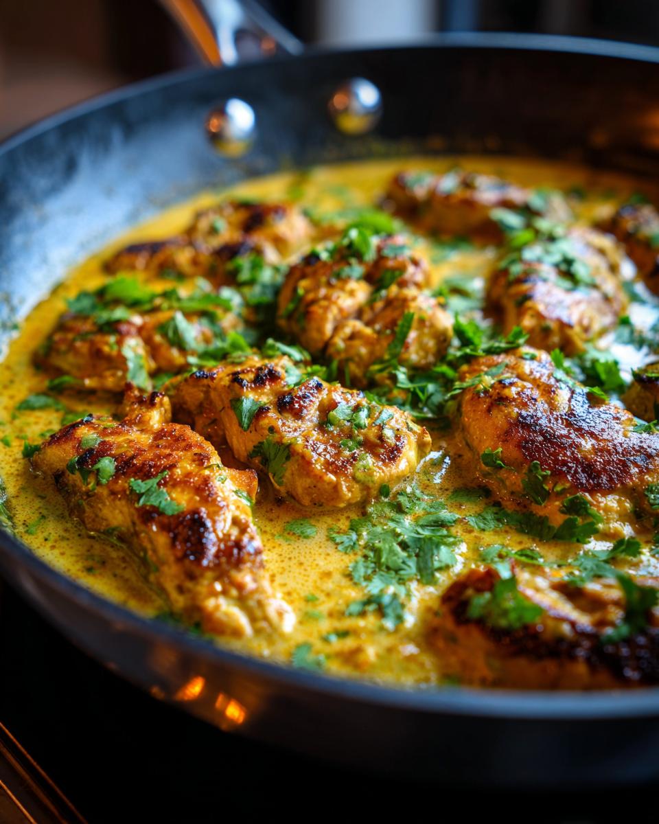 Close-up of seared coconut lime chicken pieces simmering in a rich, yellow coconut lime sauce and garnished with fresh cilantro.
