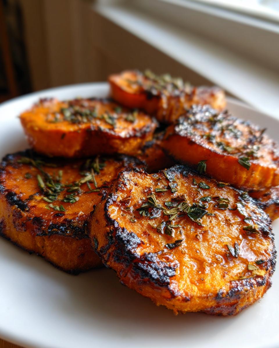 Close-up of caramelized, seared sweet potatoes slices topped with fresh herbs, ready as a side dish.