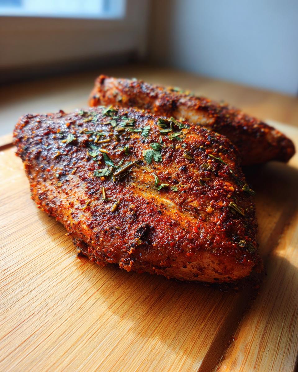 Close-up of two juicy, spice-rubbed air fryer chicken breasts resting on a wooden cutting board.