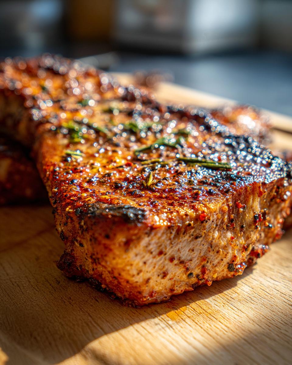 Close-up of a thick, juicy piece of air fryer chicken breast with a dark, seasoned crust and herbs.