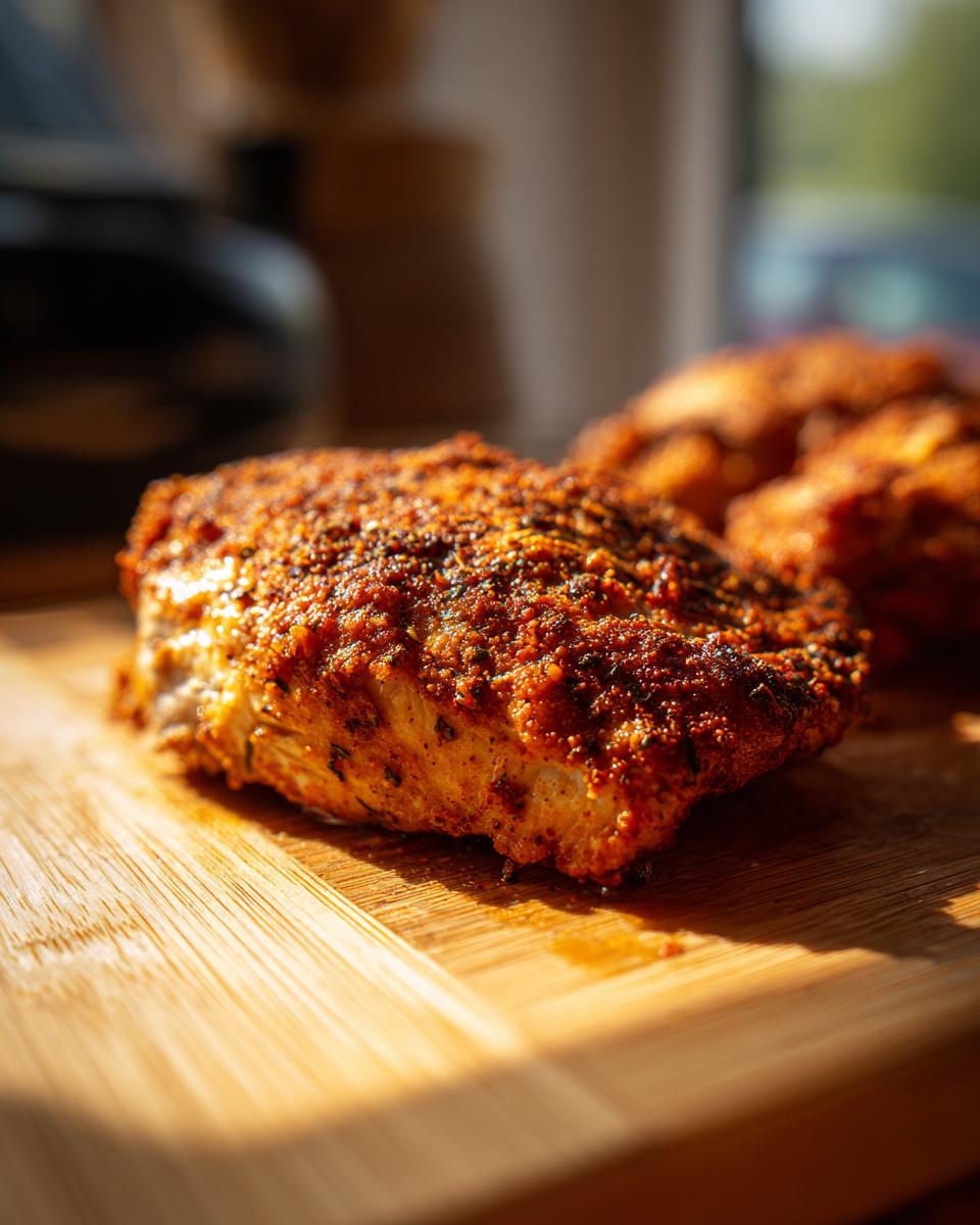 Close-up of a juicy, heavily seasoned piece of air fryer chicken breast resting on a wooden cutting board.