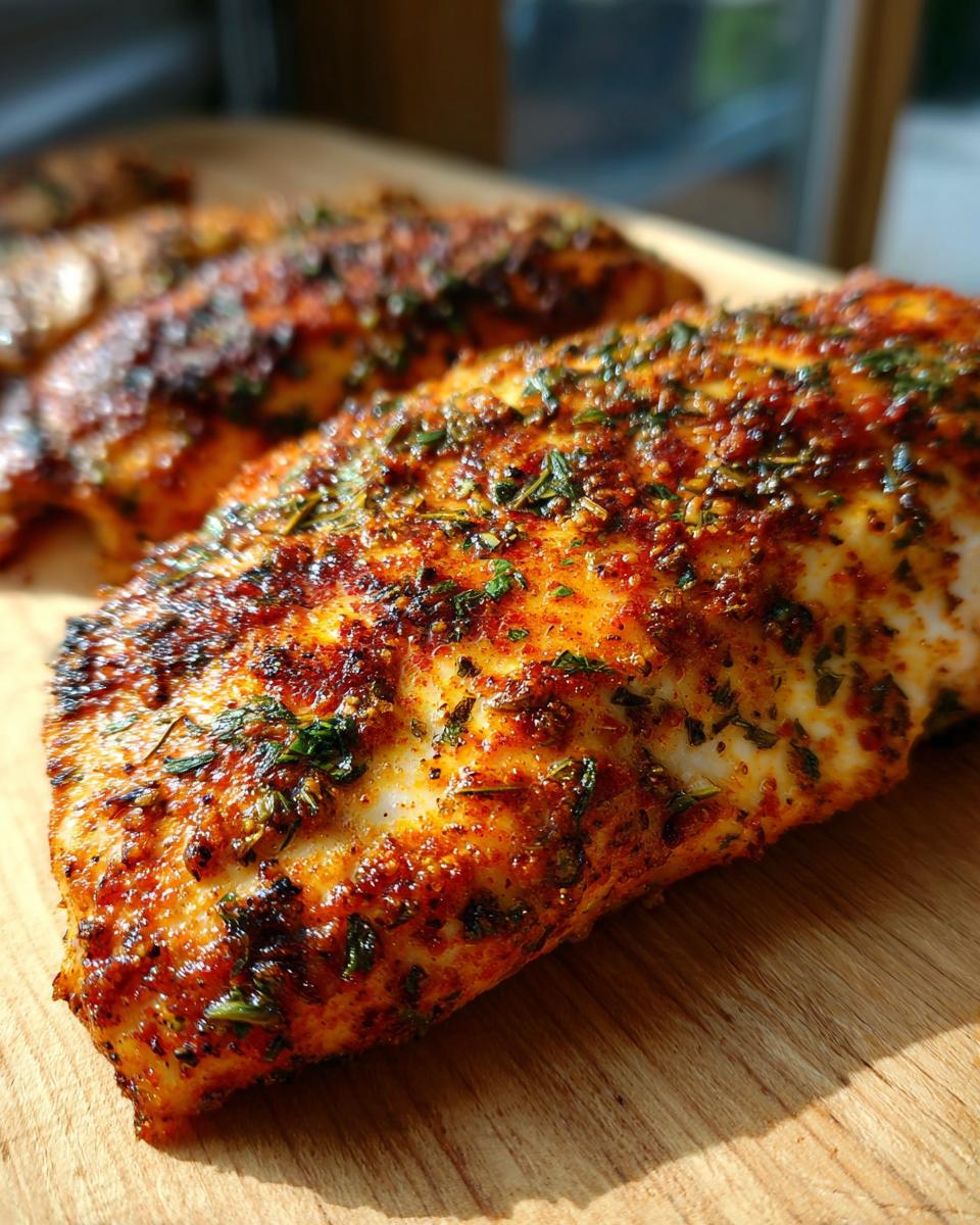 Close-up of a juicy, perfectly cooked air fryer chicken breast seasoned with paprika and herbs on a wooden board.