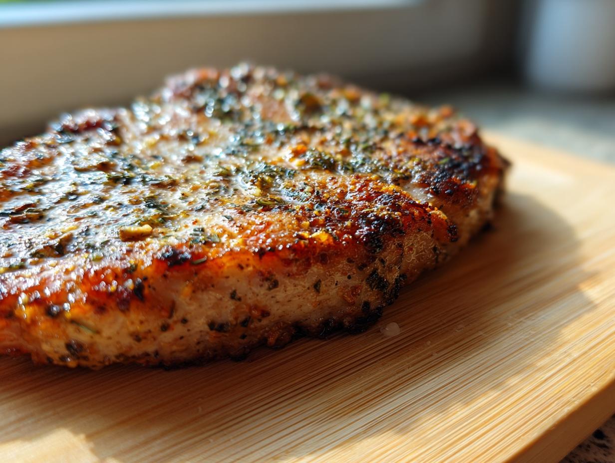 Close-up of a juicy, seasoned piece of air fryer chicken breast with a crispy, browned exterior resting on a wooden cutting board.