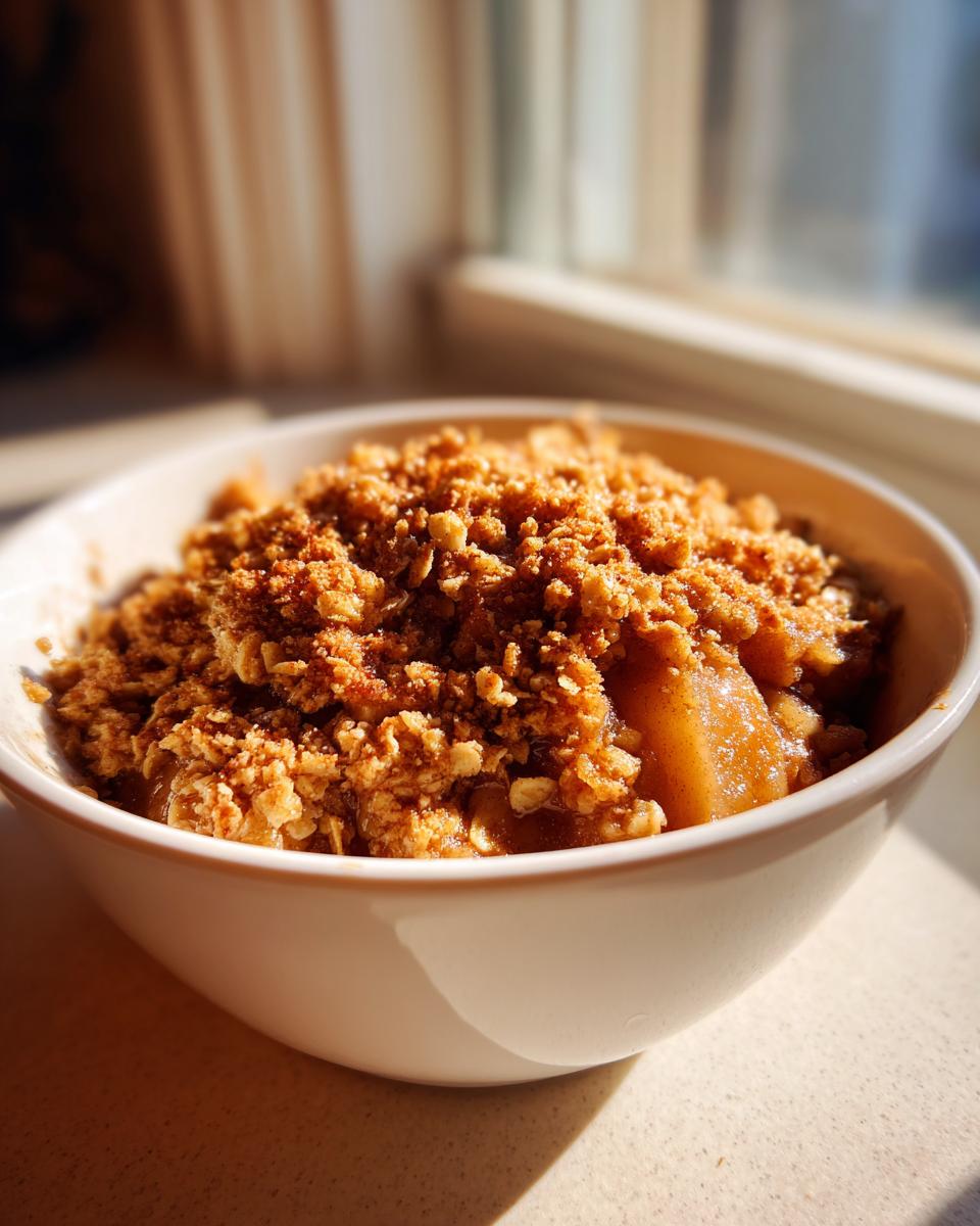 Close-up of a single serving of warm apple crisp recipe in a white bowl, featuring a thick, crunchy oat topping.