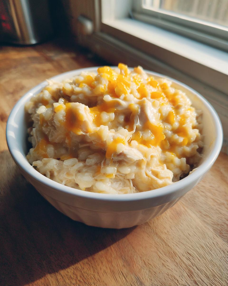 A white bowl filled with creamy crock pot chicken and rice topped with melted cheddar cheese.