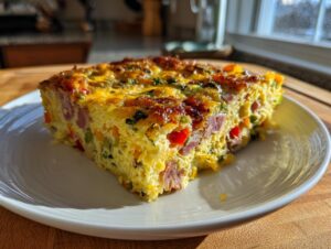 A thick slice of baked sheet pan eggs casserole, loaded with ham and colorful vegetables, served on a white plate.