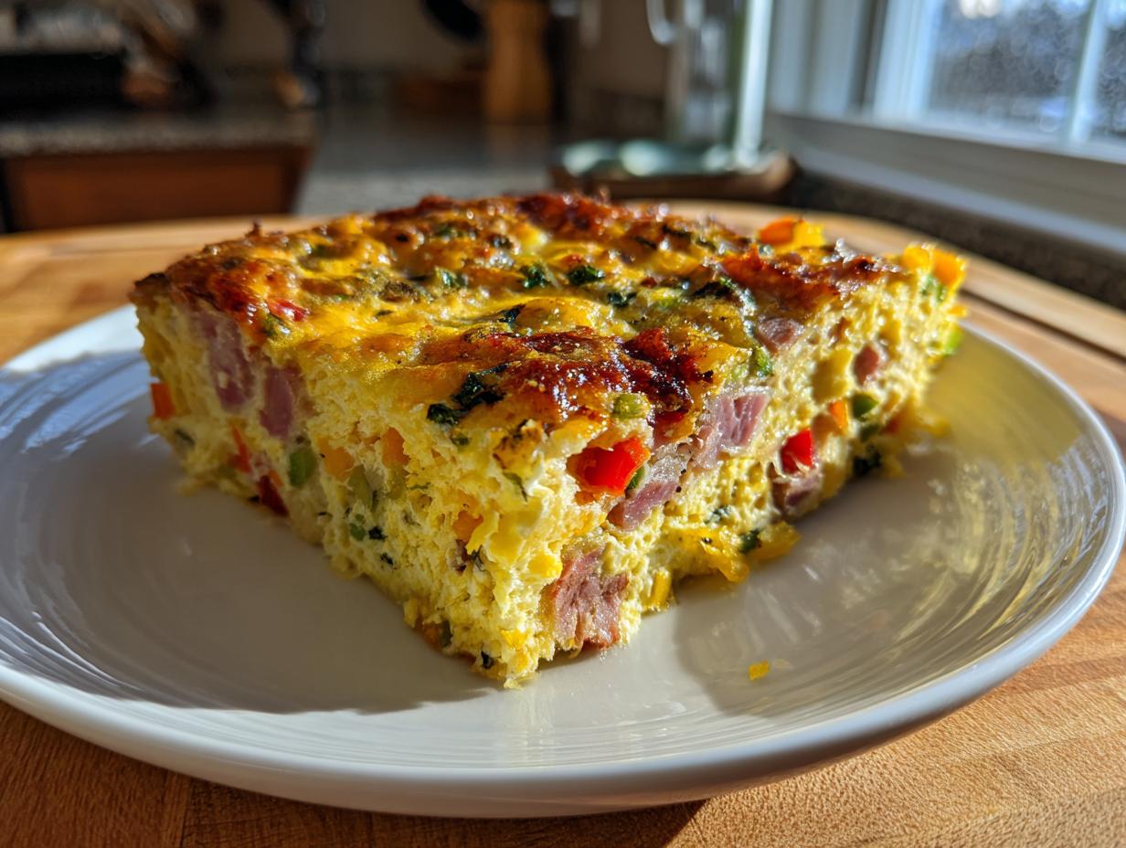 A thick slice of baked sheet pan eggs casserole, loaded with ham and colorful vegetables, served on a white plate.