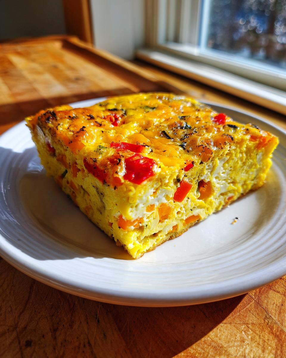 A thick, square slice of baked sheet pan eggs mixed with red and orange peppers on a white plate.