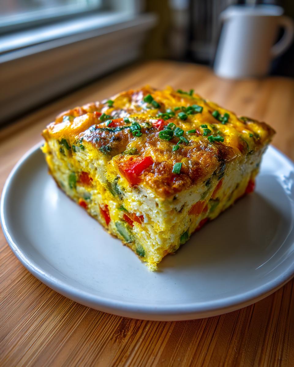 A square slice of baked sheet pan eggs loaded with colorful vegetables like red pepper and asparagus, topped with chives.