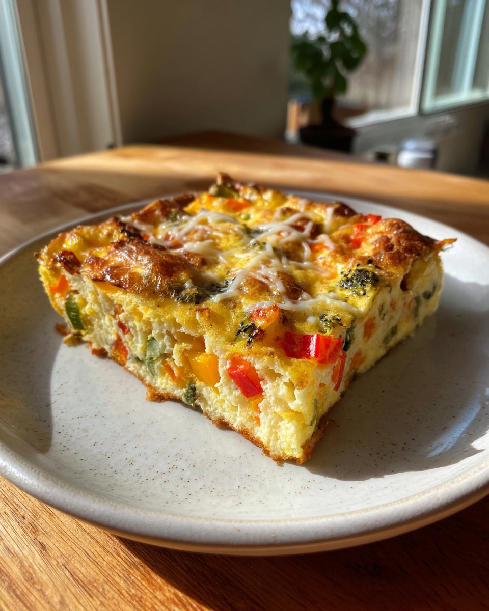 A thick, square slice of sheet pan eggs loaded with colorful bell peppers and broccoli, topped with melted cheese.