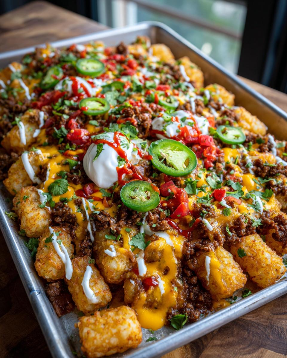 A full sheet pan loaded with crispy tater tot nachos topped with ground meat, melted cheese, sour cream, and jalapeƱos.