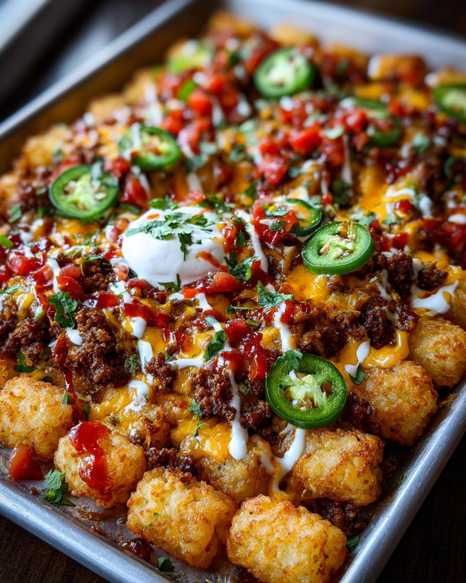 Close-up of a sheet pan loaded with crispy tater tot nachos, covered in ground meat, melted cheese, sour cream, and jalapeƱos.
