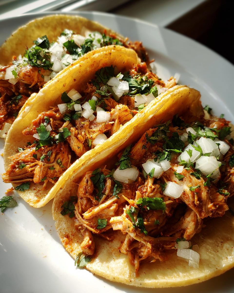 Three delicious chicken tacos filled with shredded seasoned chicken, topped with diced white onion and fresh cilantro.
