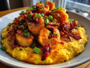 A close-up of creamy yellow shrimp and grits topped with seasoned shrimp, crispy bacon pieces, and fresh green onions.