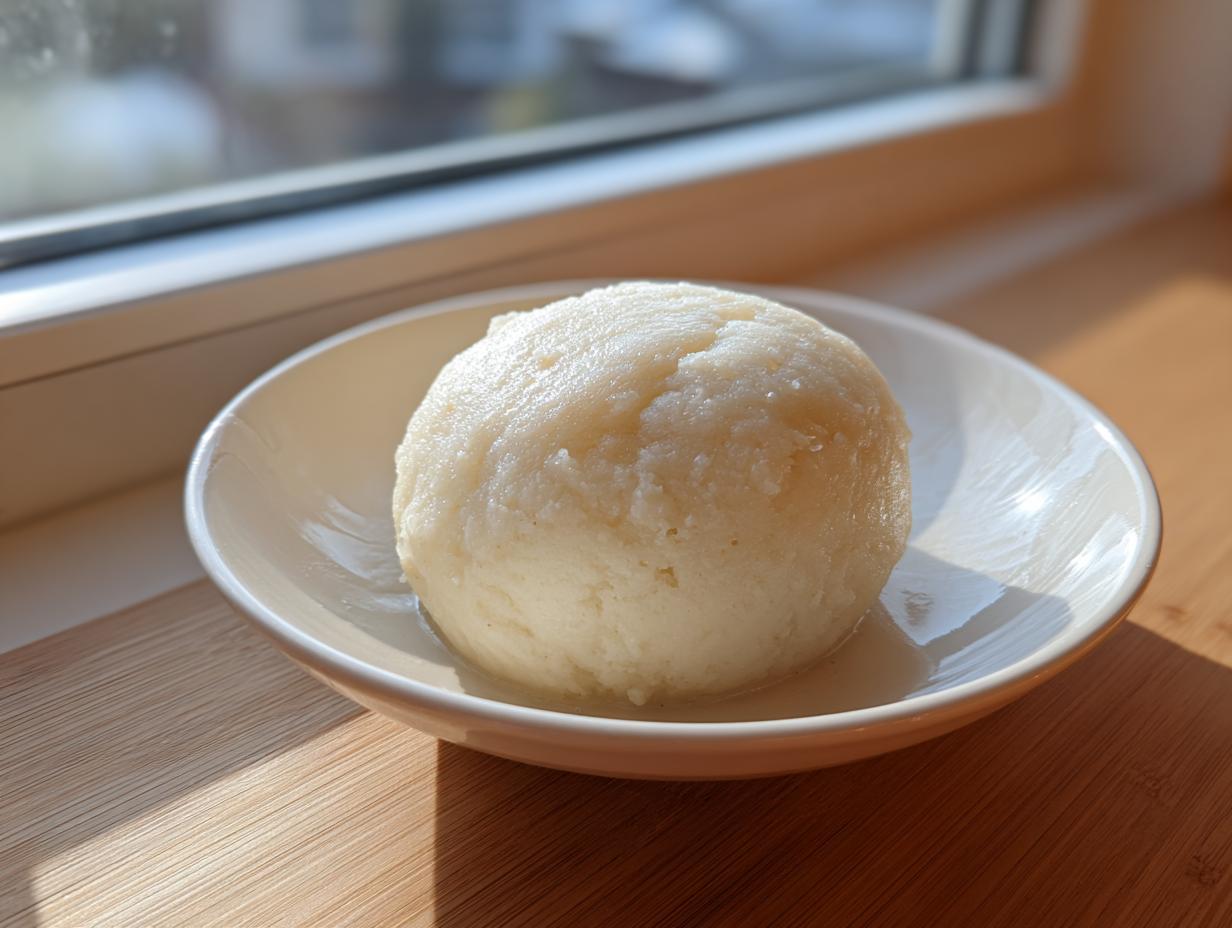 A single, smooth ball of white fufu served in a small, light-colored bowl, sitting on a wooden surface near a sunny window.