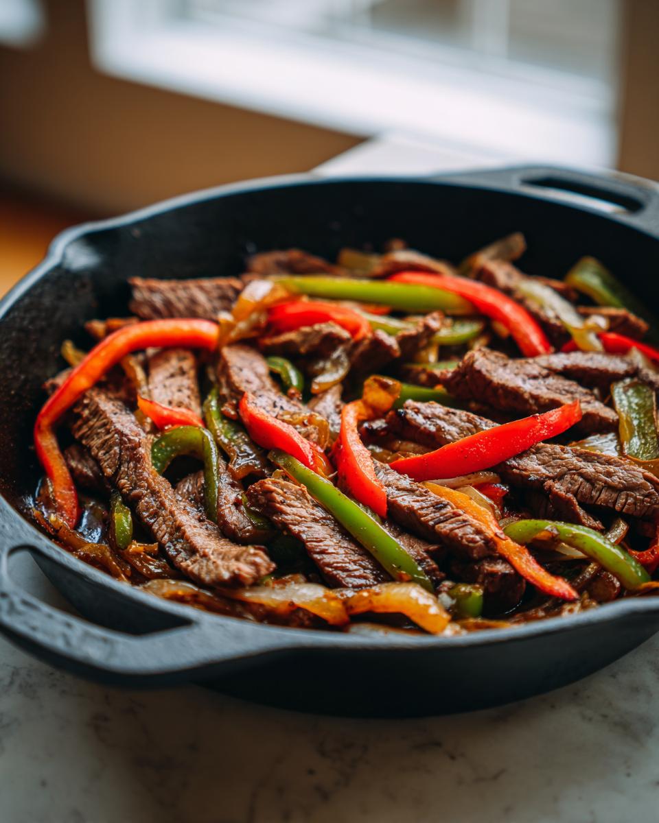 Close-up of sizzling steak fajitas with sliced beef, red and green peppers, and onions in a black cast iron skillet.