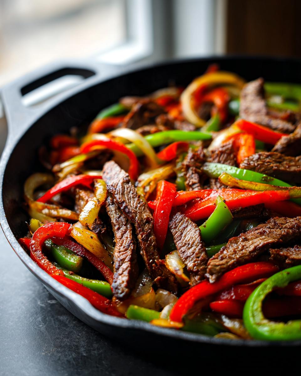 Close-up of sizzling steak fajitas with colorful bell peppers and onions in a black cast iron skillet.