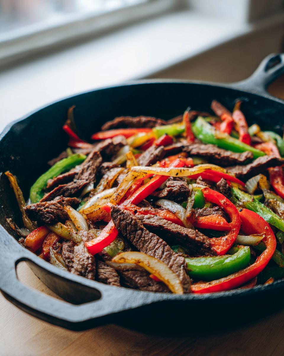 Close-up of sizzling steak fajitas with colorful bell peppers and onions cooked in a black cast iron skillet.