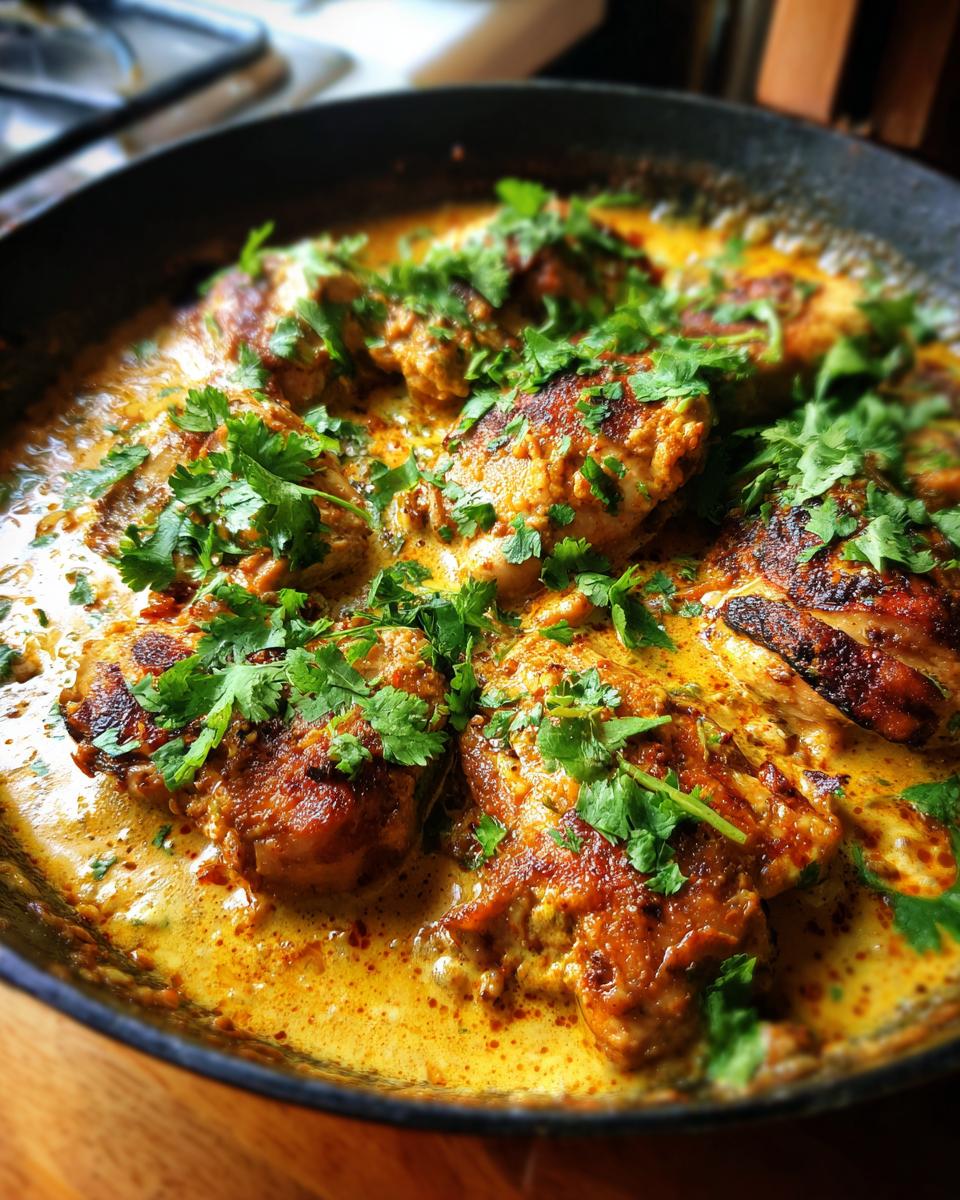 Close-up of seared chicken thighs simmering in a rich, creamy coconut lime sauce, topped with fresh cilantro.