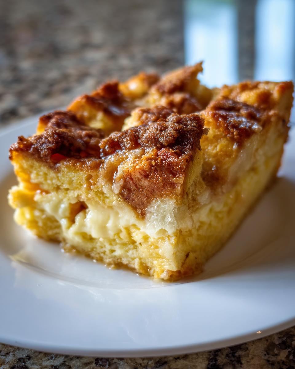 Close-up of a square slice of amazing baked french toast with a creamy center and cinnamon streusel topping.