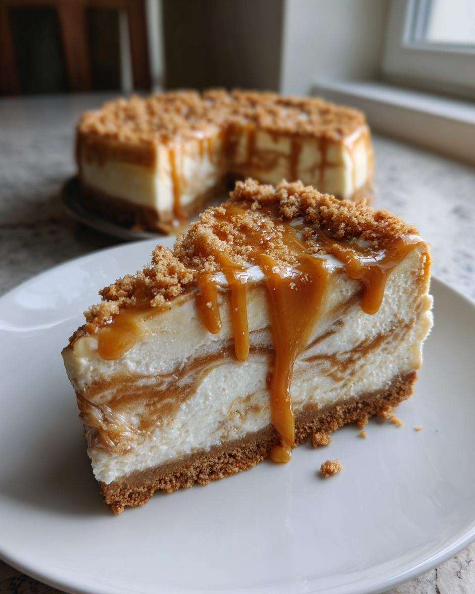 A close-up slice of baked salted caramel cheesecake with a graham cracker crust, topped with caramel drizzle and crumbs.