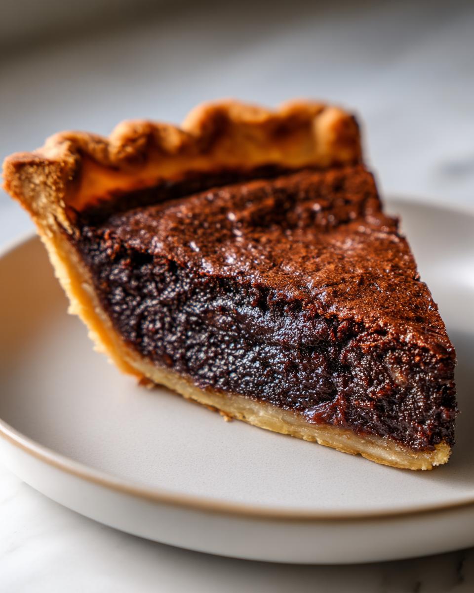 A close-up of a rich, dark slice of chocolate chess pie with a flaky crust on a light plate.
