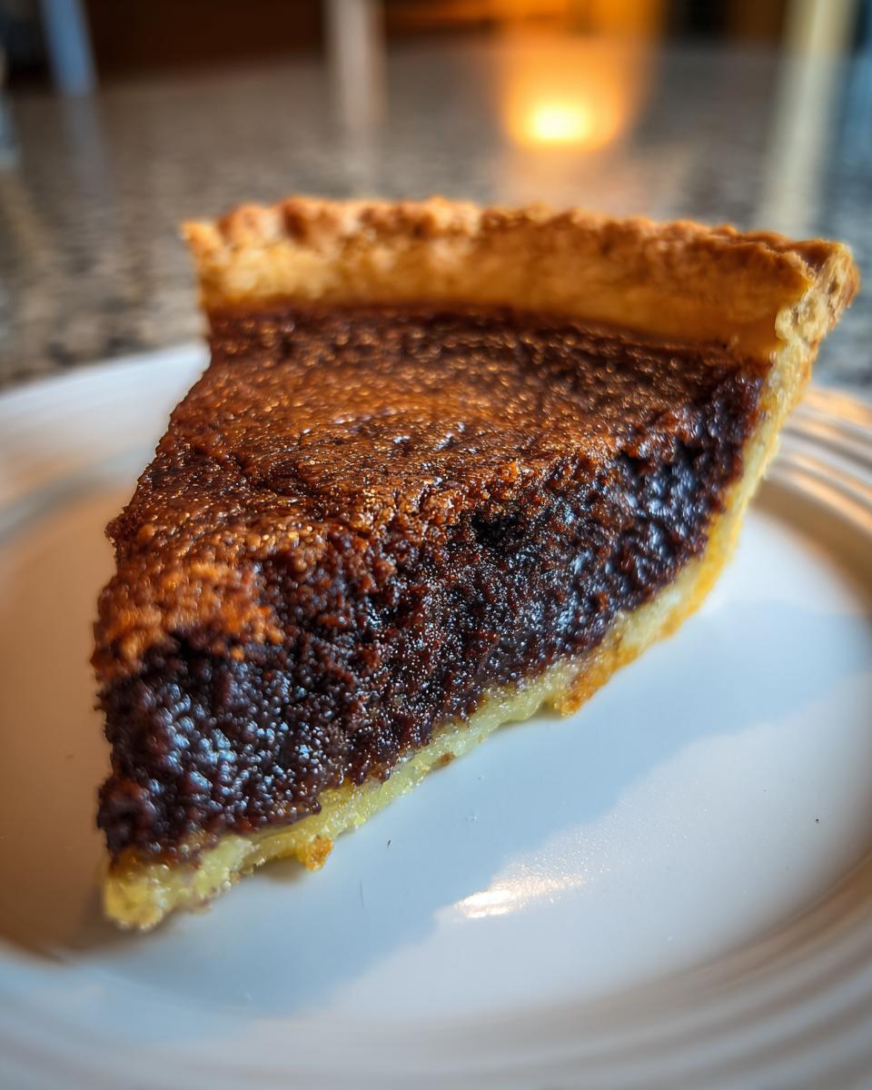 A close-up of a rich, dark slice of chocolate chess pie with a flaky crust on a white plate.