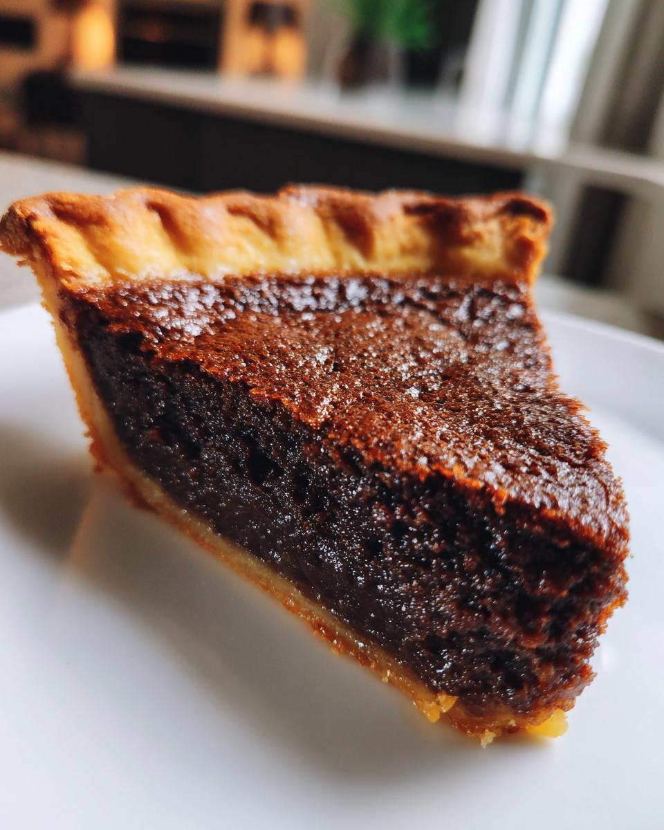 A close-up of a dense, fudgy slice of chocolate chess pie with a flaky crust edge.