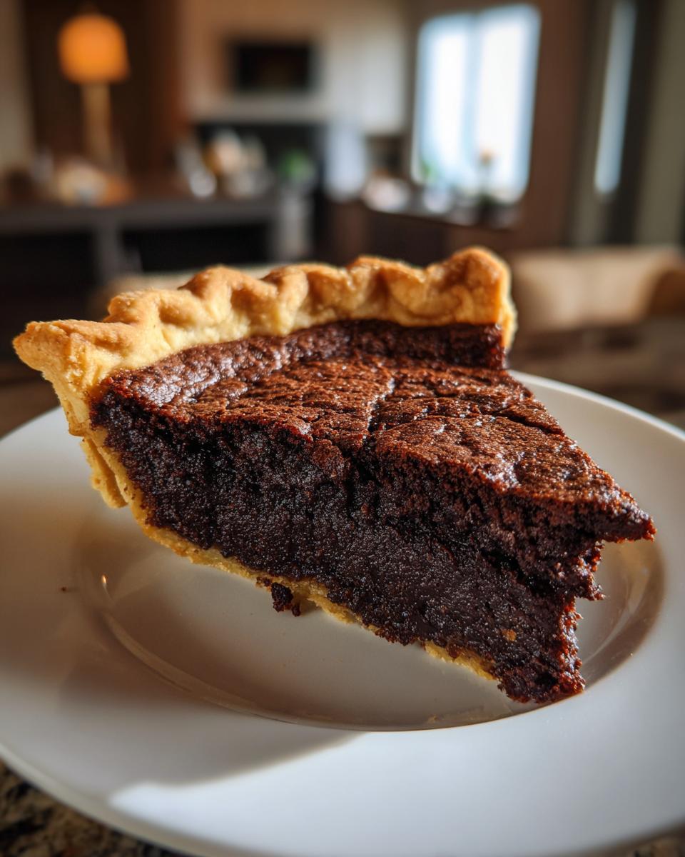 A close-up of a thick slice of rich chocolate chess pie with a flaky crust, resting on a white plate.