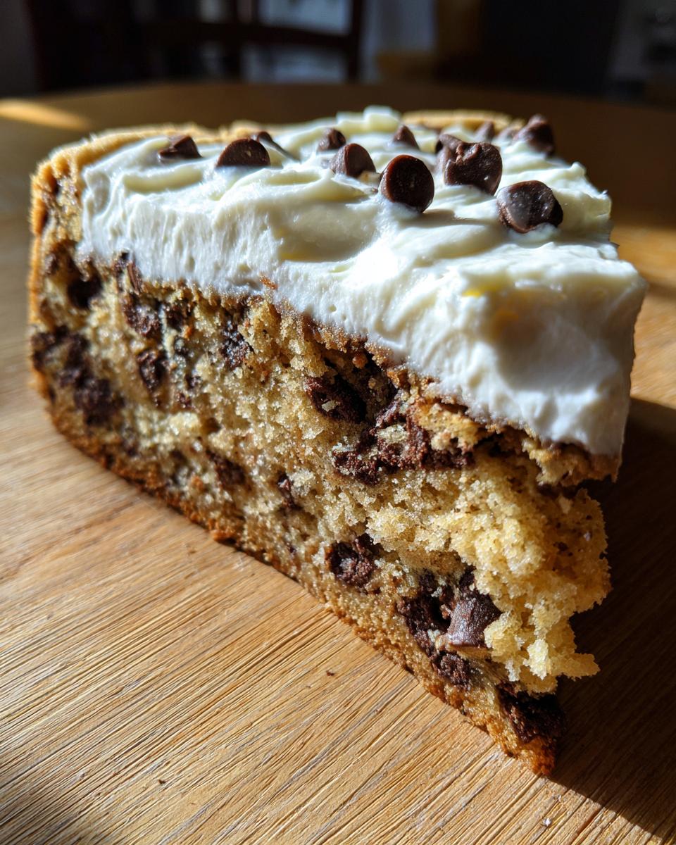 A thick slice of chocolate chip cookie cake recipe topped with creamy white frosting and mini chocolate chips.