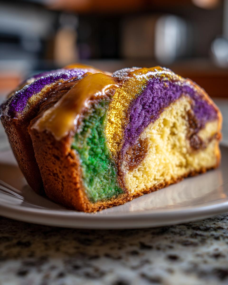 Close-up of a slice of King Cake showing green, gold, and purple colored dough, topped with caramel icing and edible glitter.