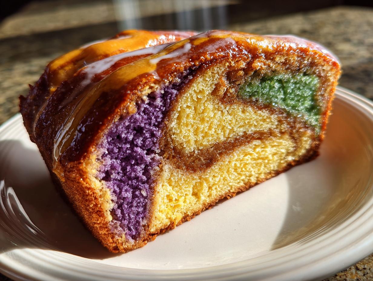 Close-up of a moist slice of King Cake showing purple, green, and yellow layers with cinnamon swirl and glossy icing.