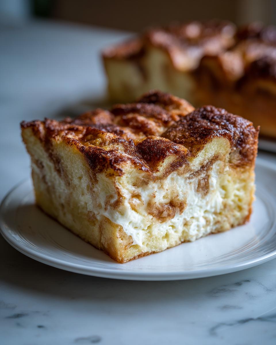 A close-up of a square slice of baked french toast filled with cream cheese and topped with cinnamon sugar.