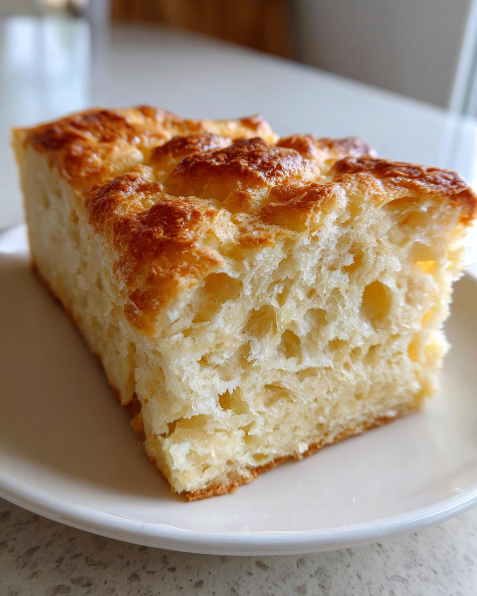 Close-up of a moist slice of homemade beer bread showing its fluffy interior and golden, craggy top crust.