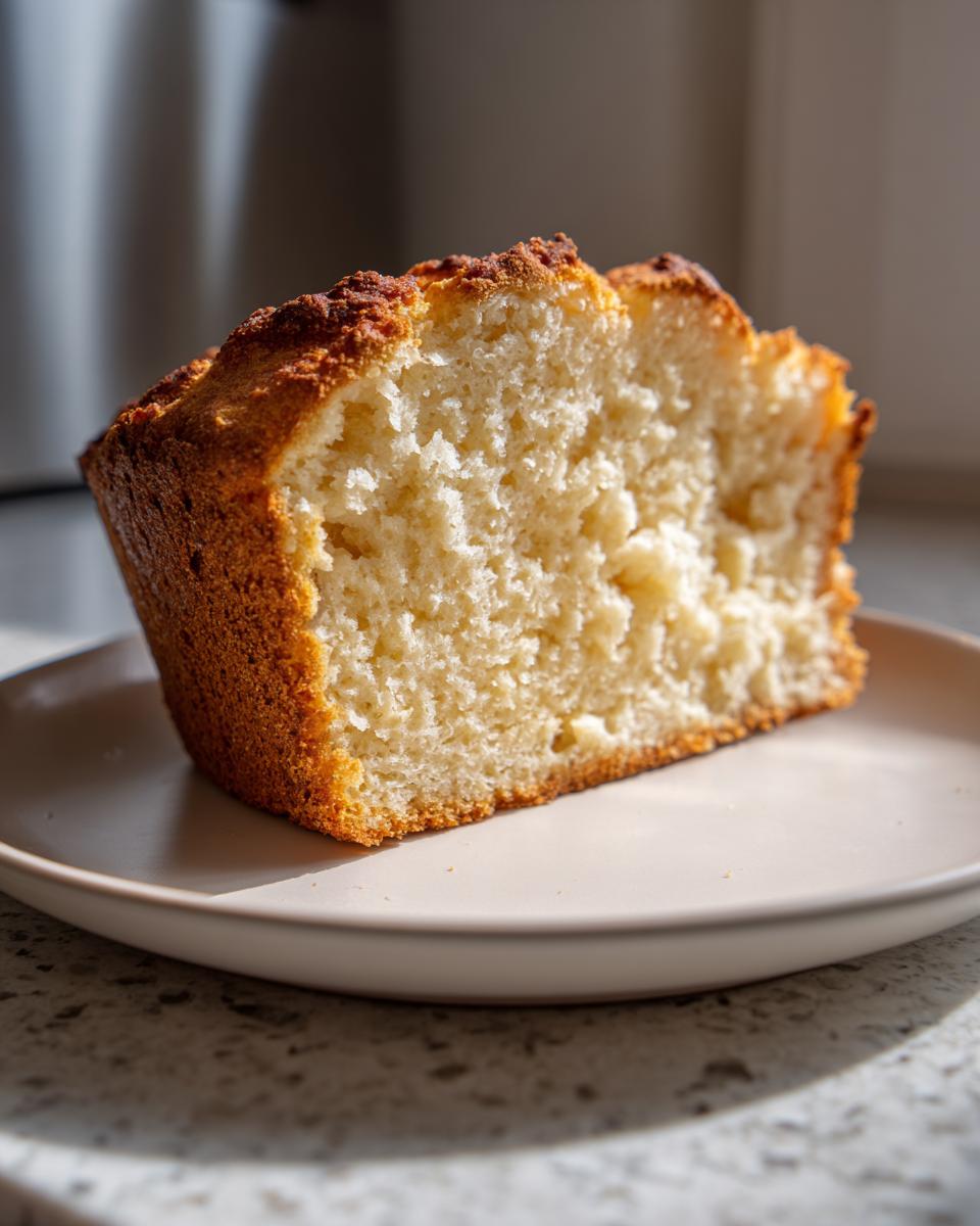 Close-up of a thick slice of golden brown beer bread showing its light, fluffy interior texture.