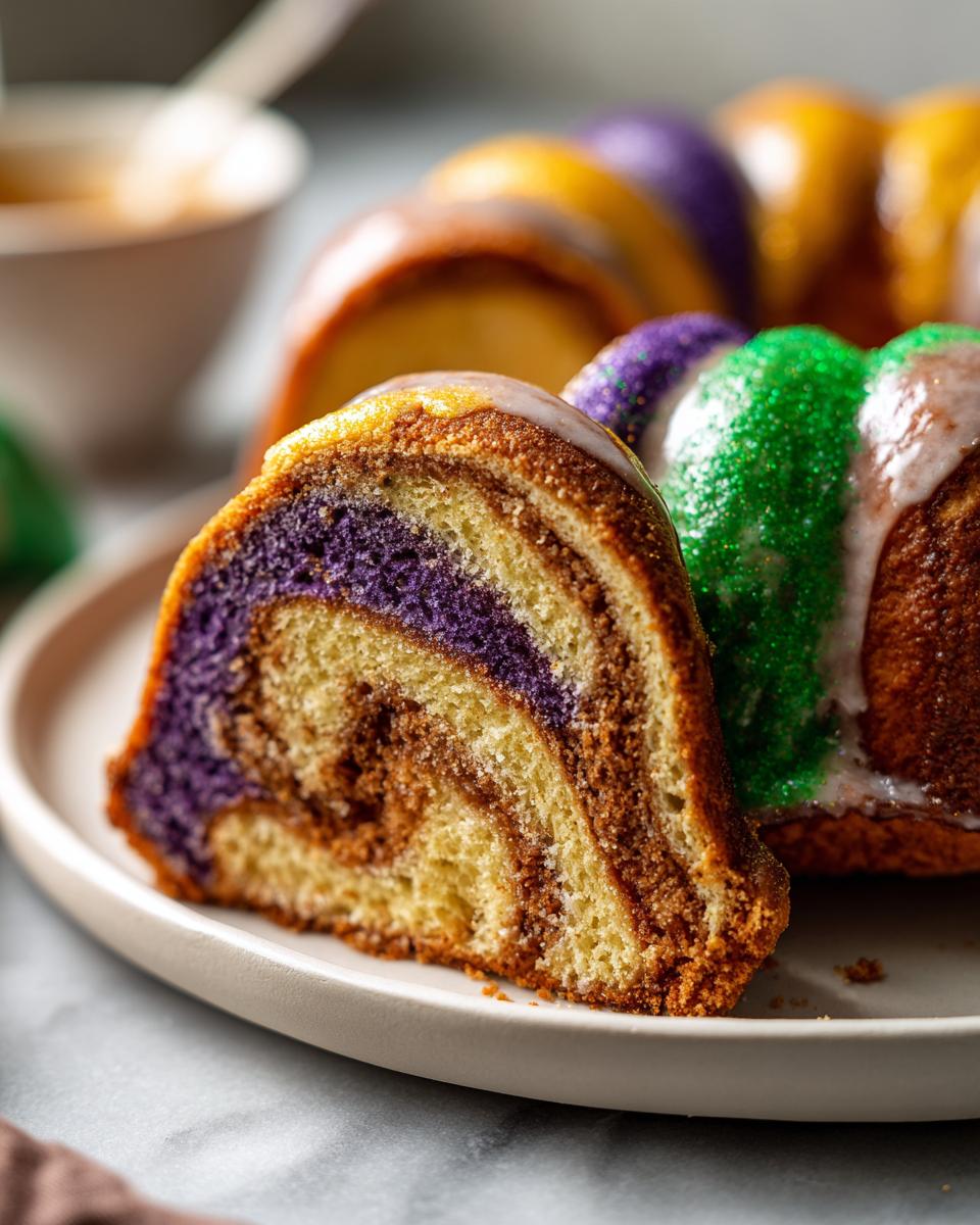 Close-up of a slice of King Cake showing purple, cinnamon, and yellow layers, topped with glaze and colorful sprinkles.