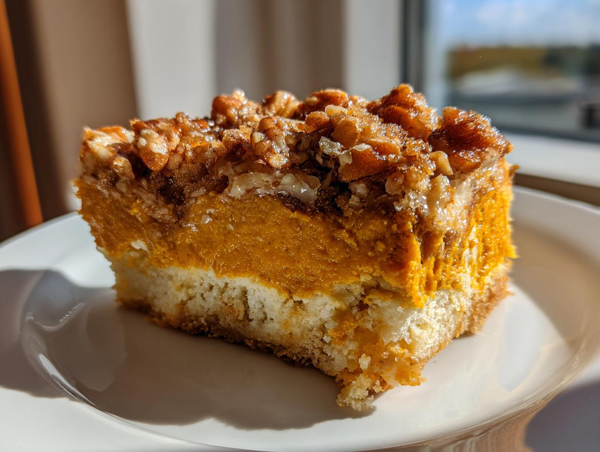A close-up of a layered pumpkin crunch dessert slice on a white plate, showing the cake base, bright orange pumpkin filling, and pecan topping.